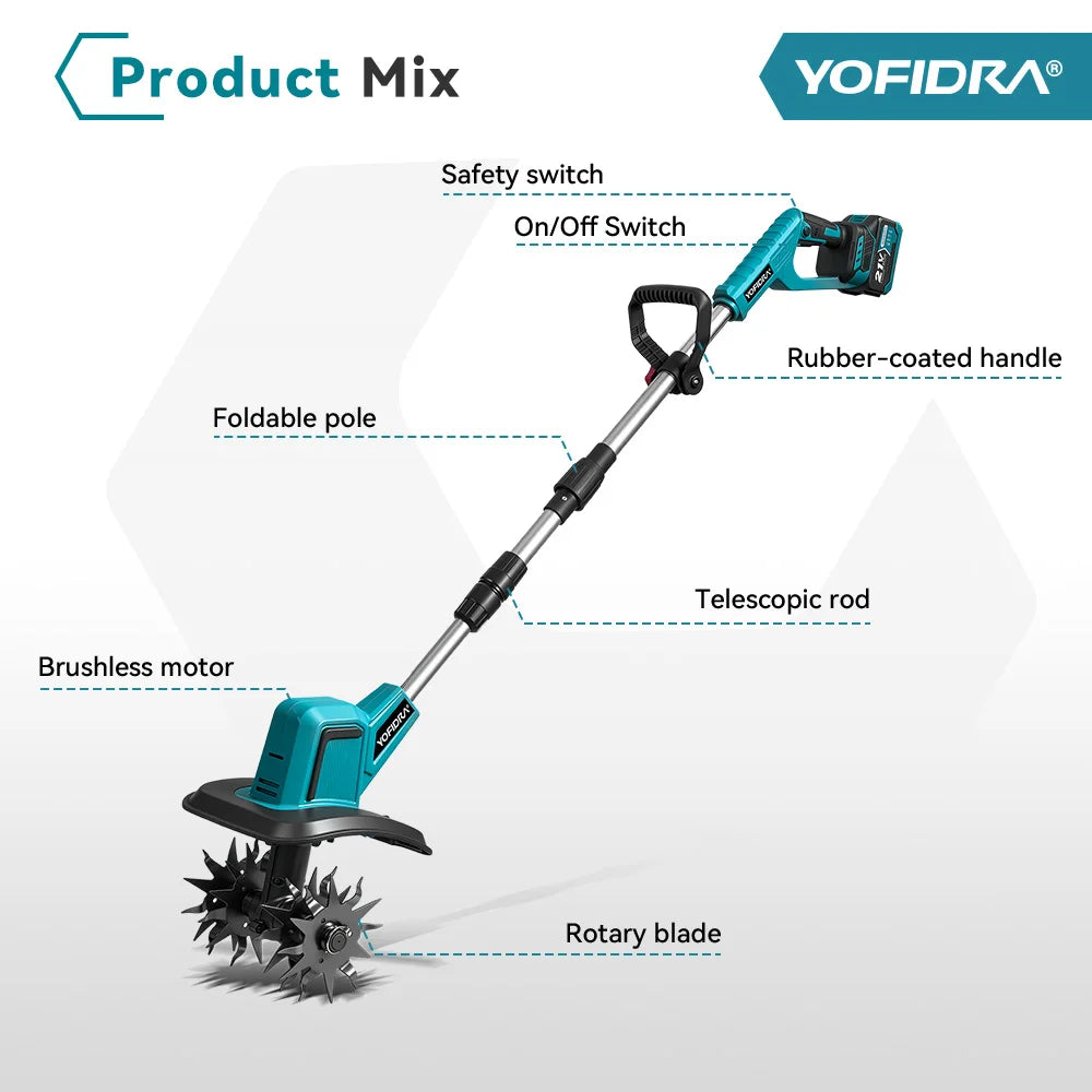 YOFIDRA Brushless Electric Garden Tiller Lawn Mower Rototiller For Soil Cultivation Garden Power Tool For Makita 21V Battery Pin