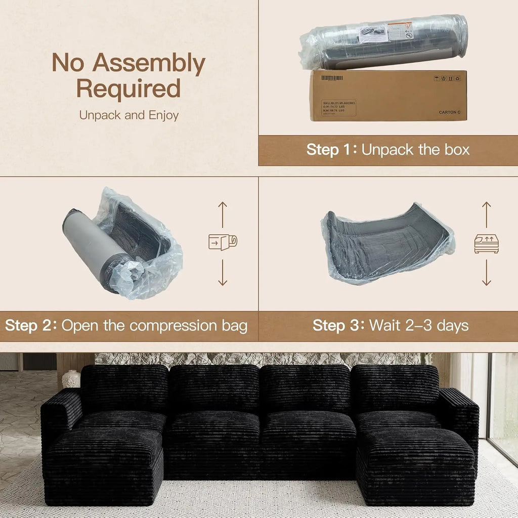 Plush Corduroy U Shaped Modular Sectional Sofa Deep Seat Living Room Black Customized
