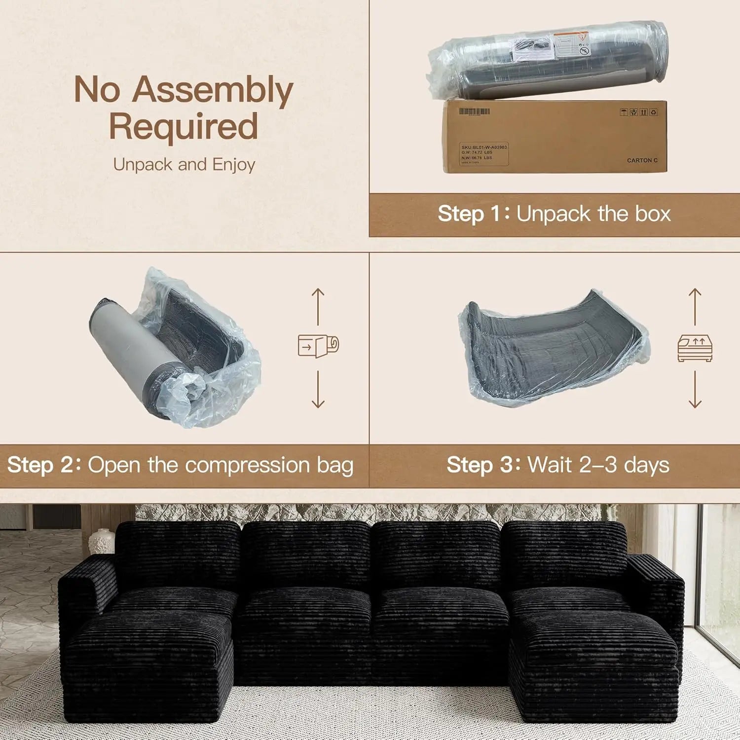 Plush Corduroy U Shaped Modular Sectional Sofa Deep Seat Living Room Black Customized