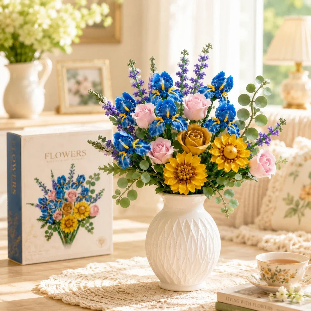 866pcs Botanical Flower Bouquet Set, Blue Iris Rose Plant Building Blocks, 3D Creative Desktop Decoration, Valentine Gift