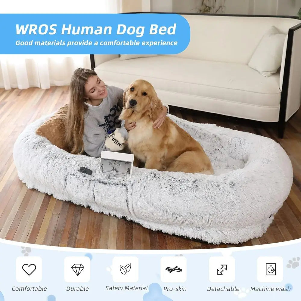 Human Dog Bed - 71"x45"x12" its You & Pets, Washable aux ur, Orthopedic, Plump Pillow, Blanket, Strap - Grey
