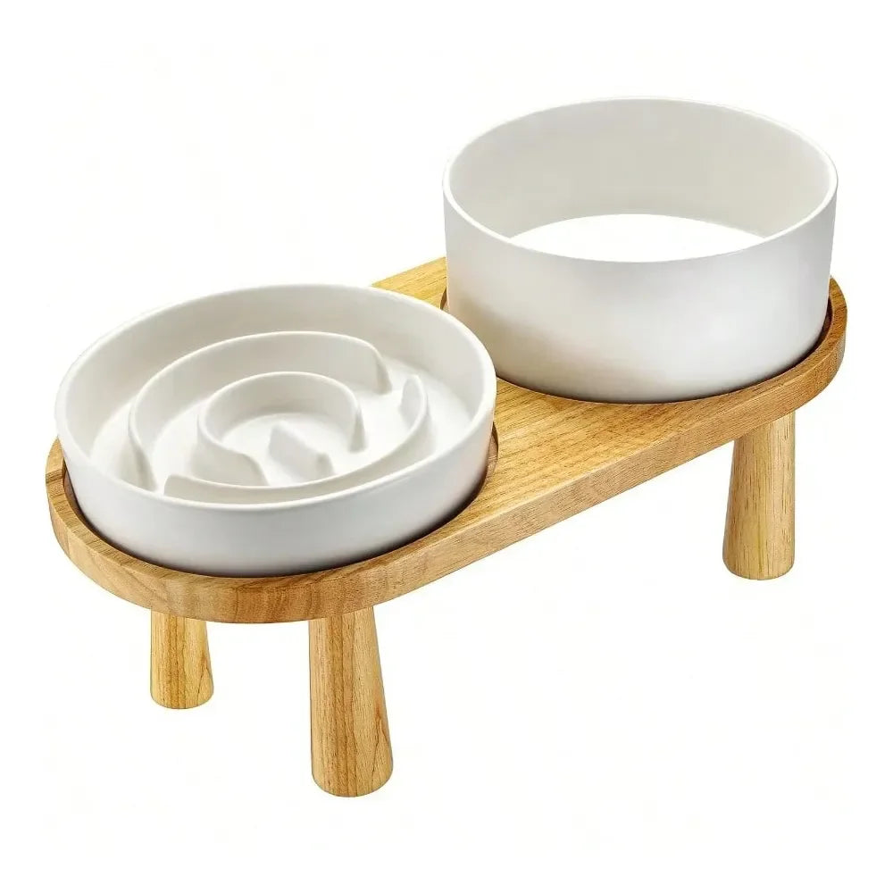 Dog Bowl Dog SuppliesSlow Feeder And Water Bowl Set For Medium And Large Dogs Ceramic Dog Bowls Elevated With Wooden Stand 2.0 C