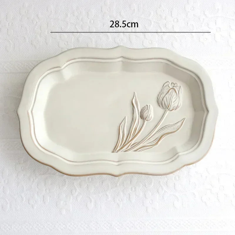 Ceramic Plates Vintage Style Dinner Plate Tulip Relief Ceramic Plates Steak Pasta Dishes Tableware Household Use Tableware Home