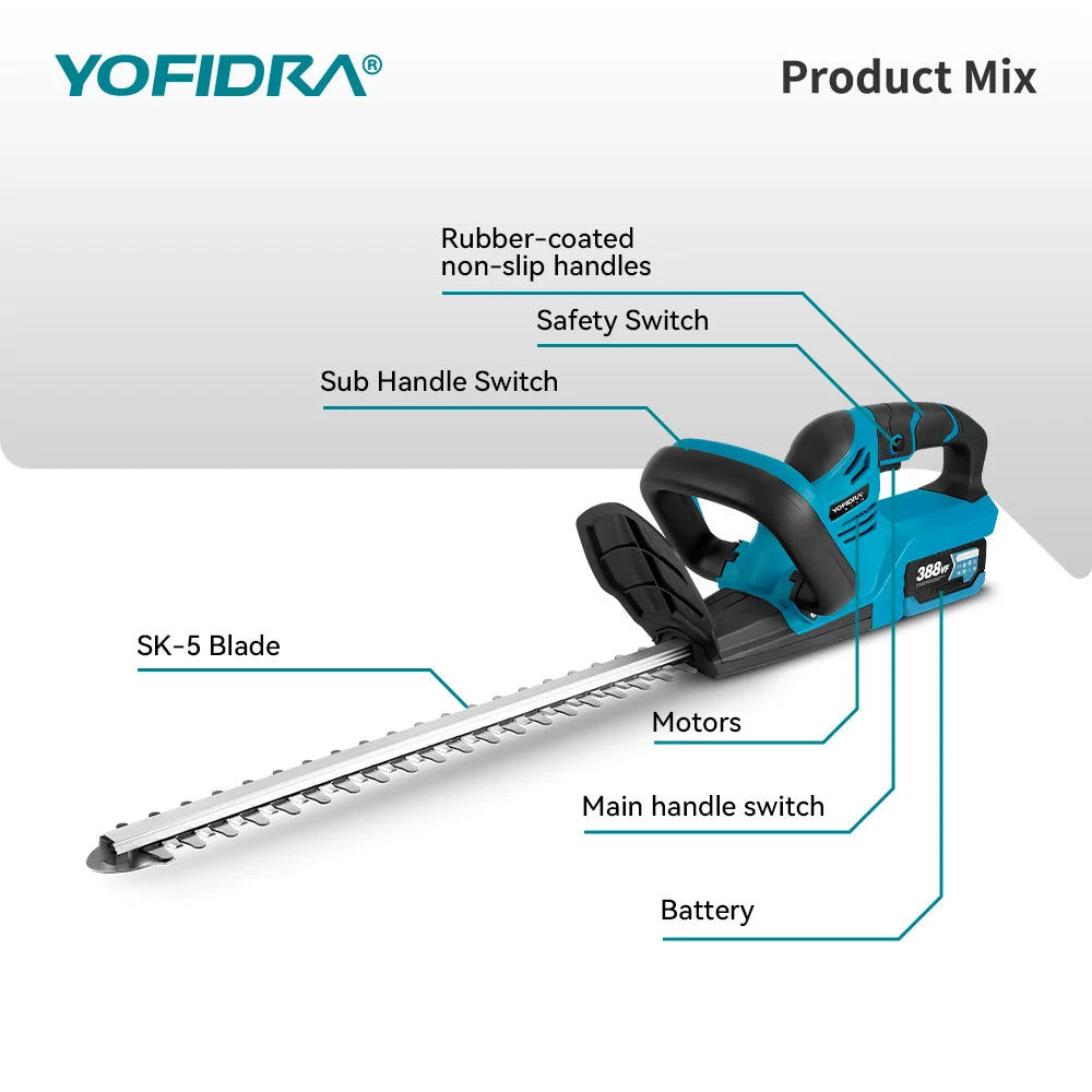 YOFIDRA 2000W 15000RPM Cordless Electric Hedge Trimmer Pruning Saw Lawn Mower Garden Trimming Power Tools For Makita Battery Pin