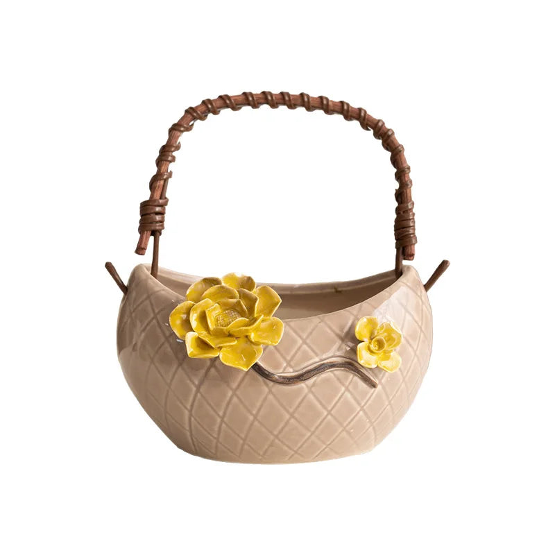 Handmade Ceramic Succulent Planter with Pinched Flowers, Flower Basket Shape Mini Pot for Desktop Cactus