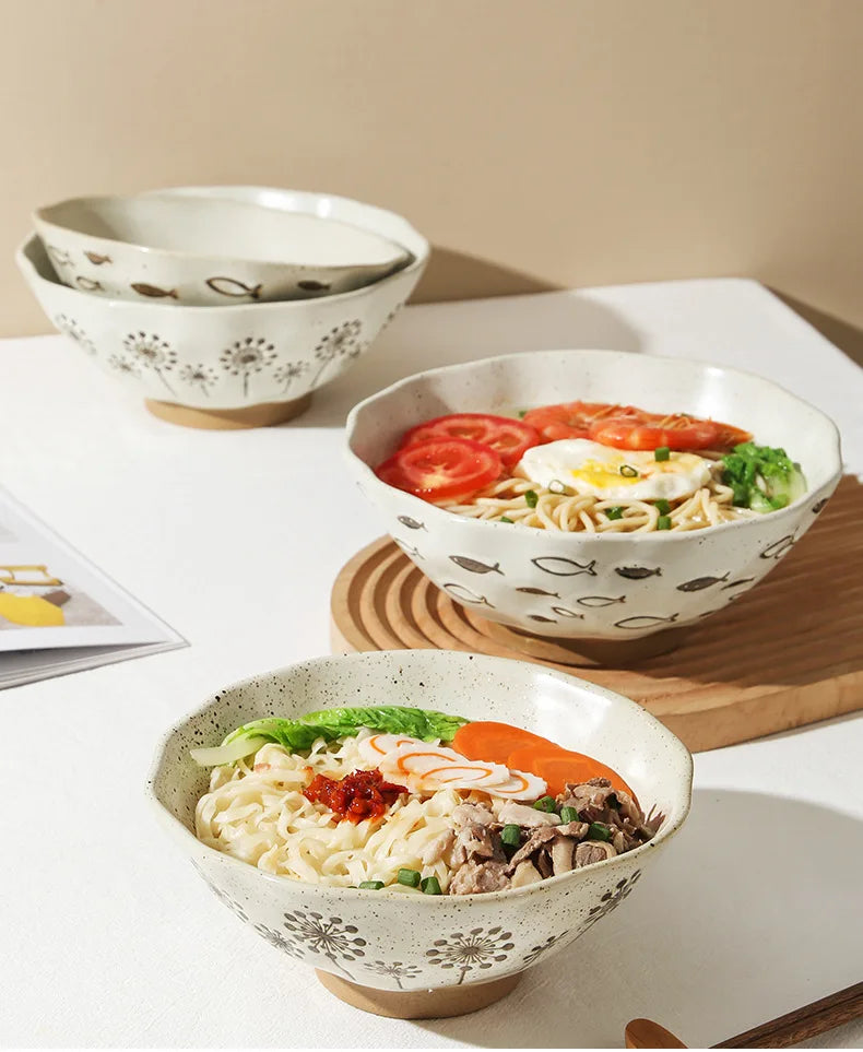 coarse pottery bowl, retro ceramic tableware, underglaze colored noodle bowl, lace soup bowl, household hat  commercial ramen