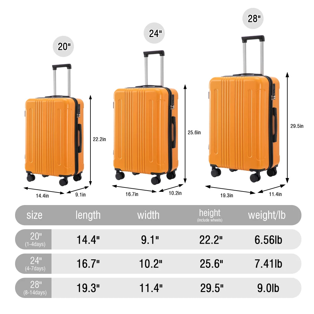 3 Piece ABS Luggage Set 20/24/28 Inch Carry on Suitcase with 360° Spinner Wheels TSA Combination Lock Matching Color Brown