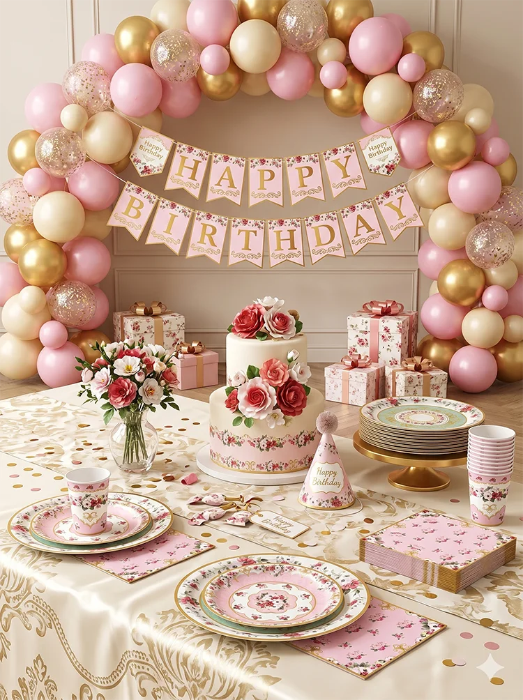 Vintage Floral Tea Party Tableware Set Elegant Pink Paper Plates Cups Napkins EVJF Girls Birthday Bridal Shower Wedding Decor