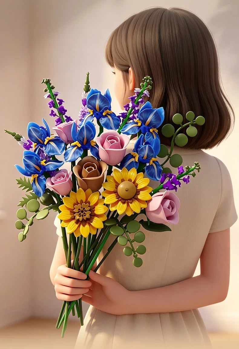866pcs Botanical Flower Bouquet Set, Blue Iris Rose Plant Building Blocks, 3D Creative Desktop Decoration, Valentine Gift