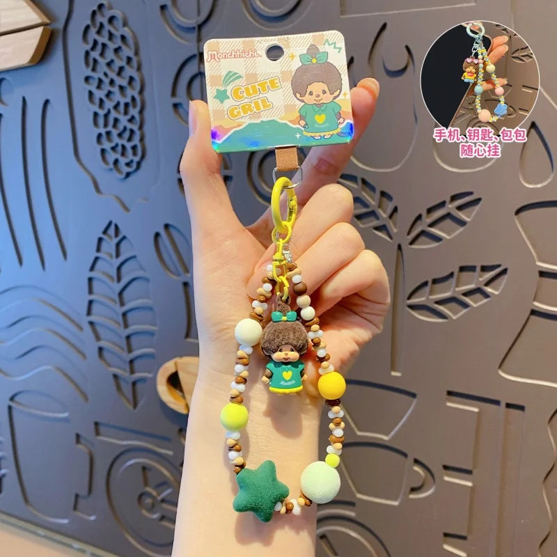 Genuine Monchhichi Flocked Beaded Keychain, Cute Cartoon Mini Monchhichi Figurine Charm, Women’s Bag  Phone Strap