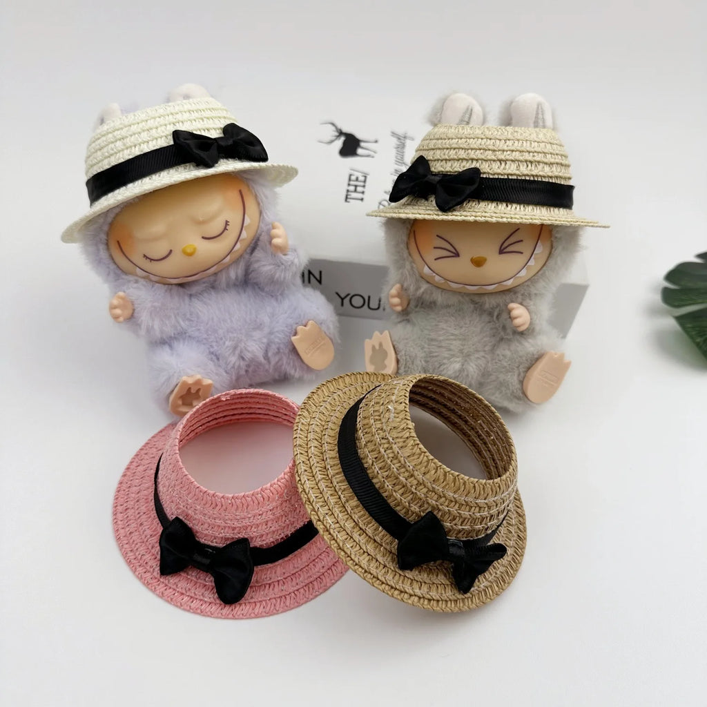 Clothes For Labubu Open-Top Straw Hat Labubu Hat with Bow 1st 2nd 3rd Gen 17cm Labubu Sitting Party Outfit Accessories