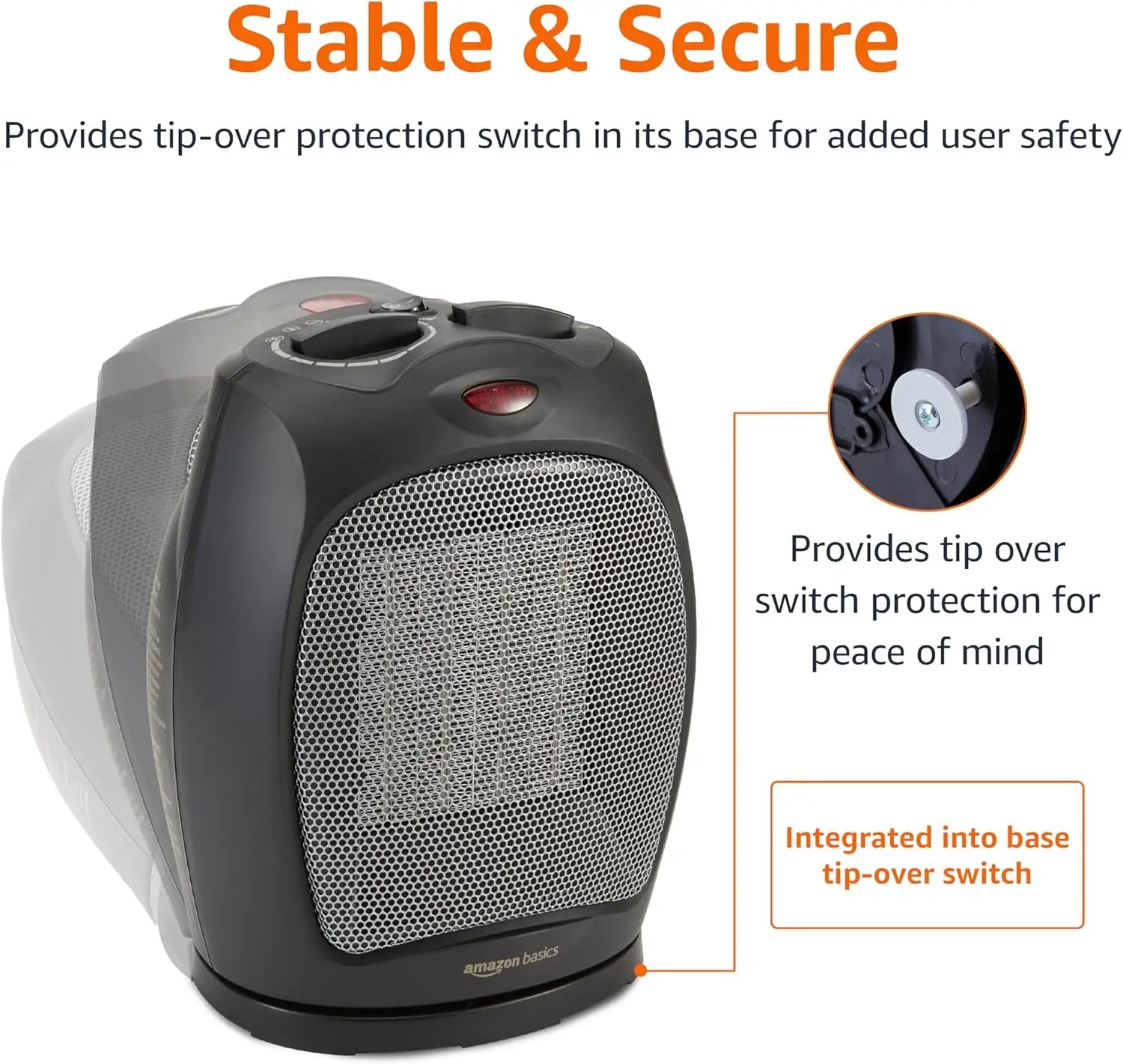 Portable Ceramic Space Heater with Overheat & Tip-Over Protection, Thermostat, 1500W, Compact Black Design for Indoor Heating