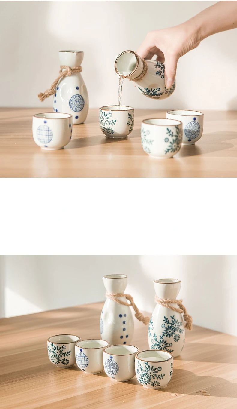 Vintage Japanese Sake Ware Ceramic Flower Wine Pot and Cup Home Kitchen Restaurant Wine Dispenser Drinking Supplies Accessories