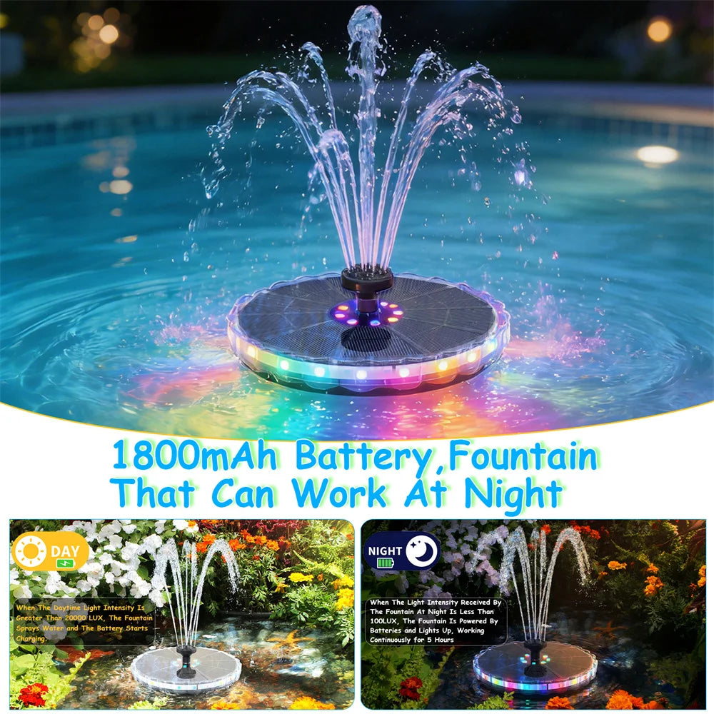 Solar Fountain with LED Lights&1800mAh Battery, 3.5W Solar Water Fountain Pump with 8 Nozzles&Crash Bars for Outdoor Decoration