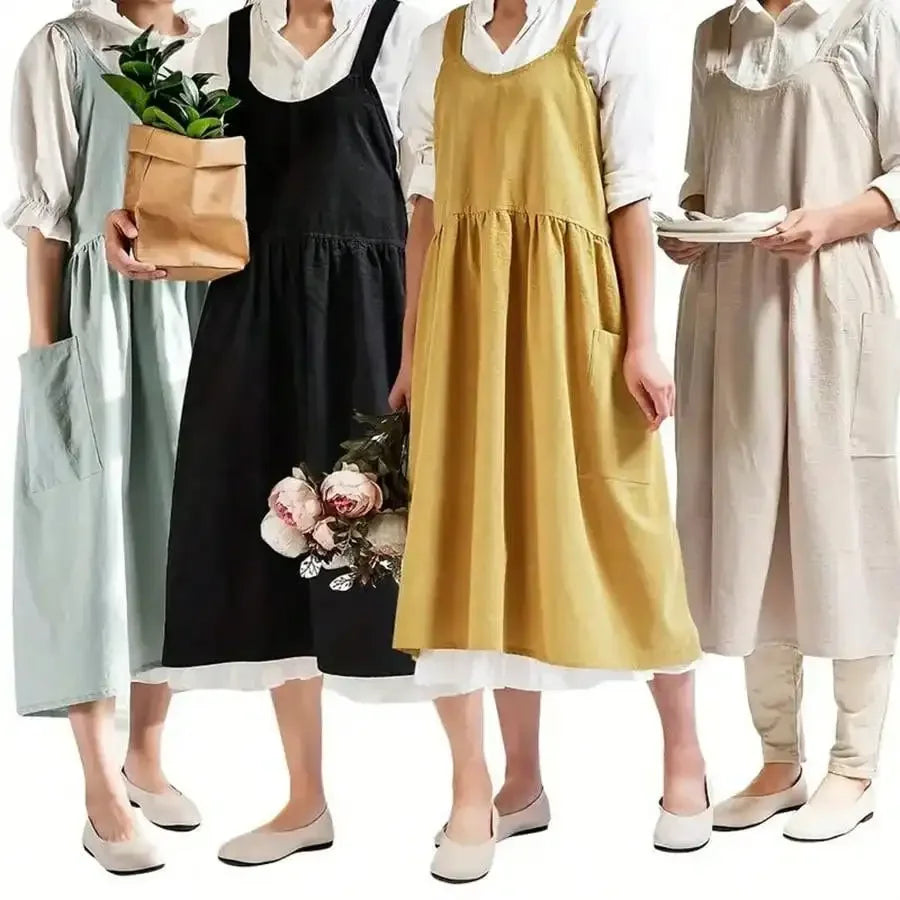 Japanese cotton Aprons for Women with Pockets Cross Back Cute Apron Dress for Gardening Painting Baking and Cooking