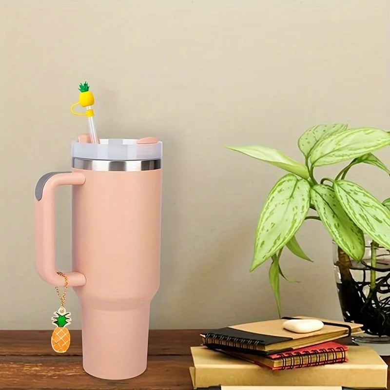 2set Silicone Fruit Straw Cover Cap With Chain Charm Strawberry Pineapple For Stanley Tumblers With Handle 8mm Drinking Straw