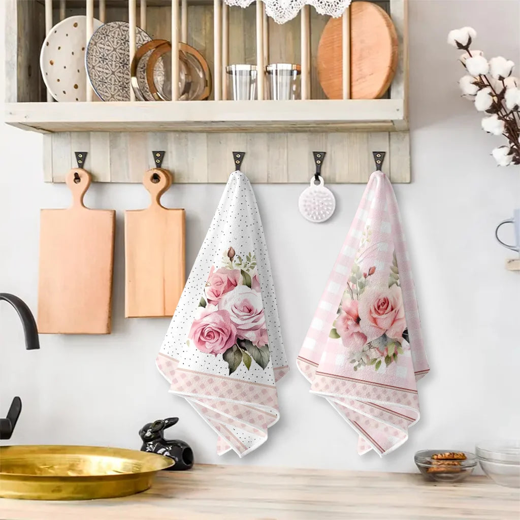 2Pcs, Vintage Pink Rose Print Kitchen Towels, 40Cm*60Cm Towel Set, Super Absorbent Soft Cleaning Cloth, Cooking and Baking Tea Towel, Hand Towel, Cleaning Cloth, Dishcloth, Kitchen Decoration, Living Room Decoration, Kitchen