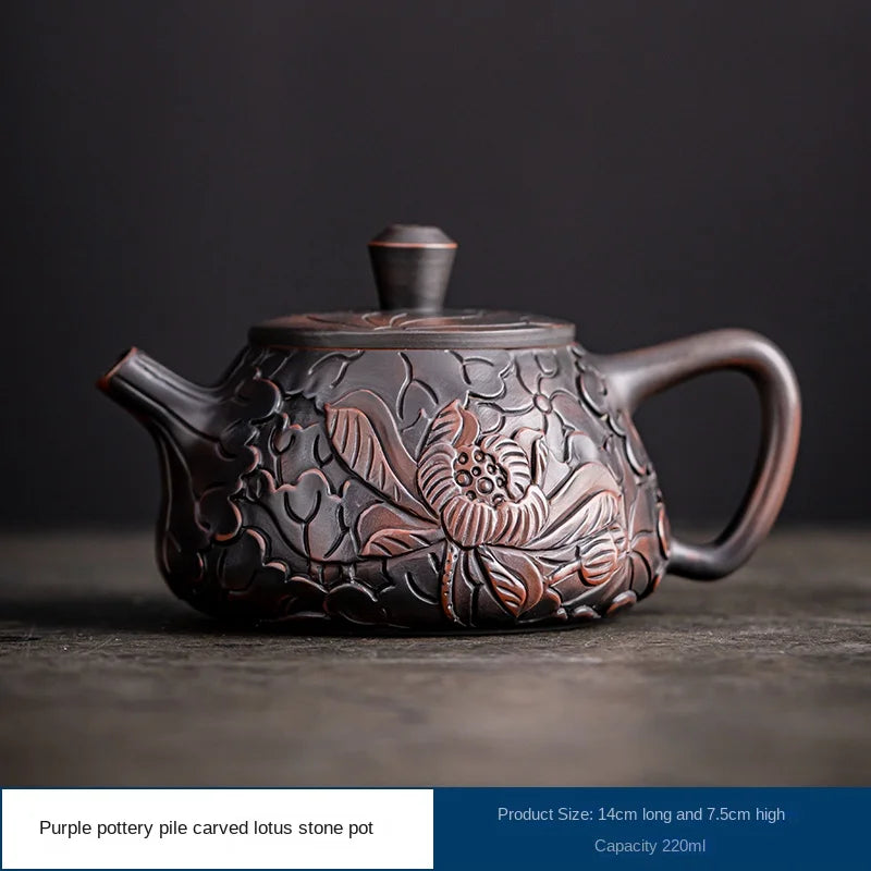 Suitable for collectionPurple Pottery Teapot Handmade Pile Carving Xianglong Pot Kung Fu Tea Set Purple Clay Pot Handmade