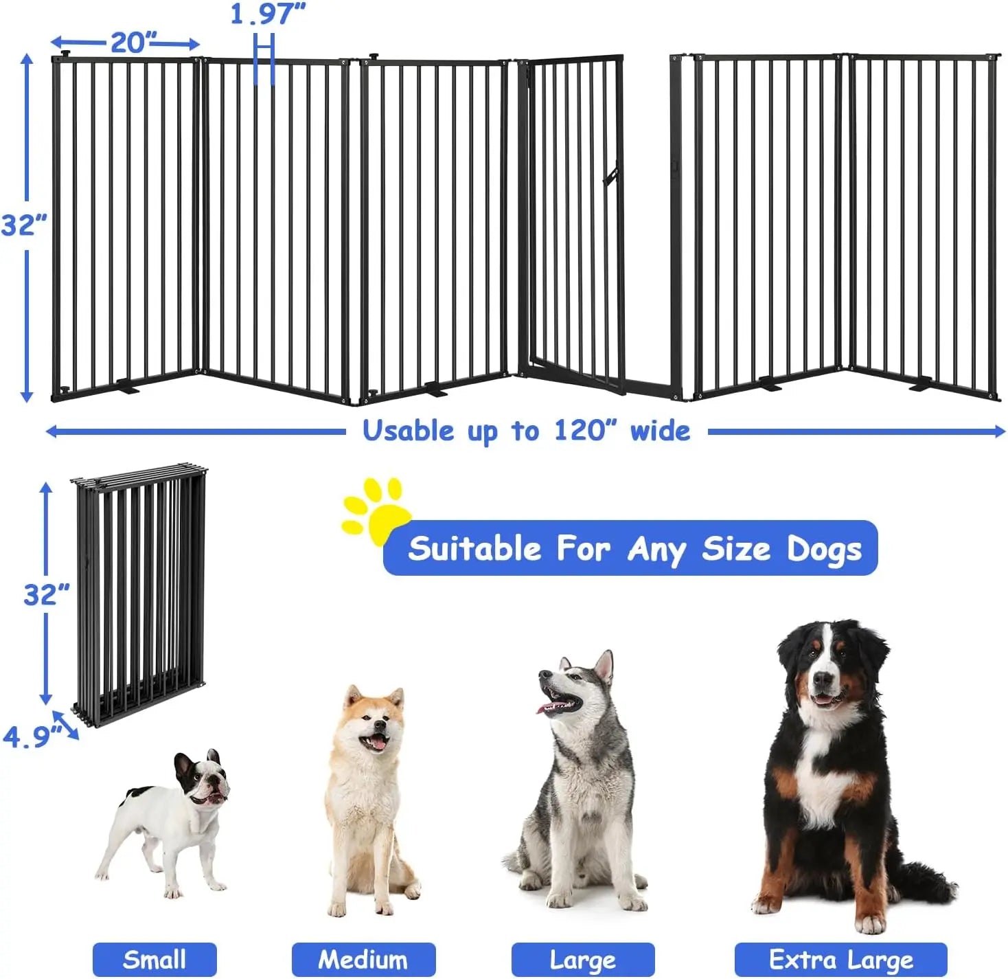 6-Panel Freestanding Dog Gate with Door, 120''W Foldable Pet Fence for Indoor/Outdoor Use, 32''H Tall