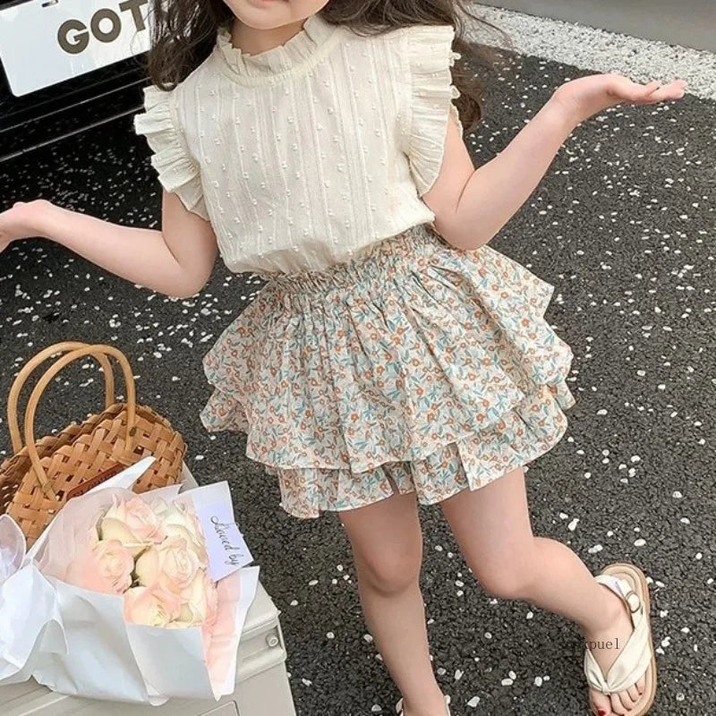 Girls' Suit Summer 2025 New Children's Summer Dress Baby Girl Fashionable Children's Top+Skirt Two-Piece Set