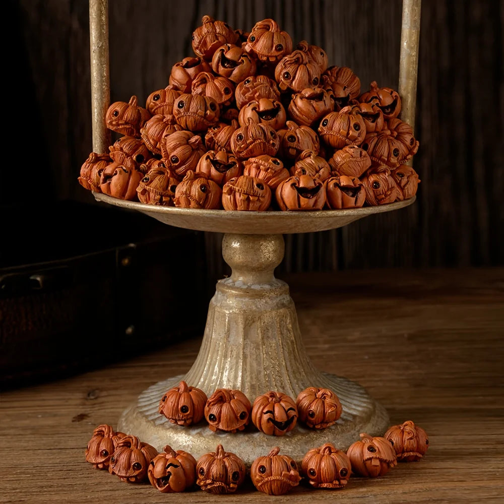 16pcs Halloween Mini Pumpkin Resin Figurines Vintage Spooky Decor Red Eyes Jack O Lantern Faces Battery Free Table Display