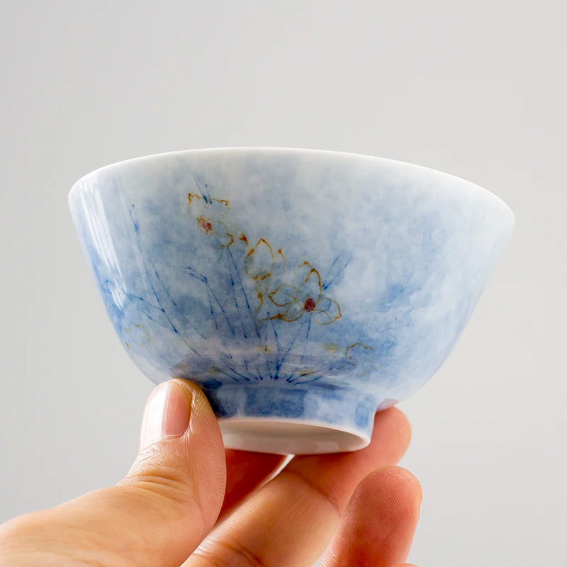 Ceramic Tea Cup Chinese Kungfu Teaware Vintage Blue Porcelain Exquisite Hand-Painted 80ml Office Home Drinkware Perfect Gift