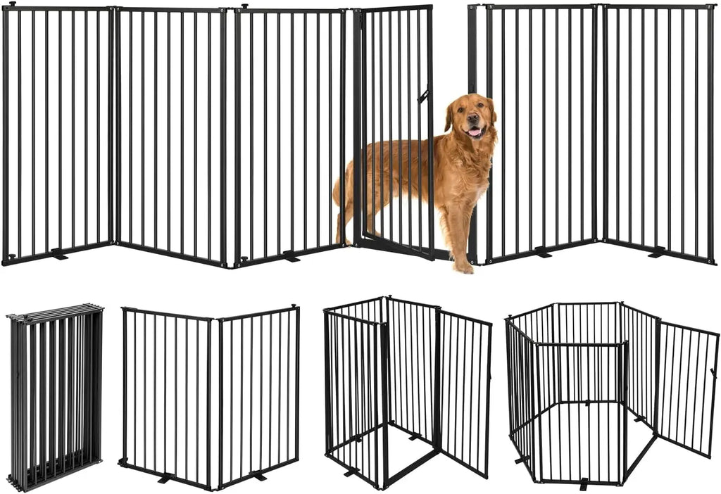 6-Panel Freestanding Dog Gate with Door, 120''W Foldable Pet Fence for Indoor/Outdoor Use, 32''H Tall