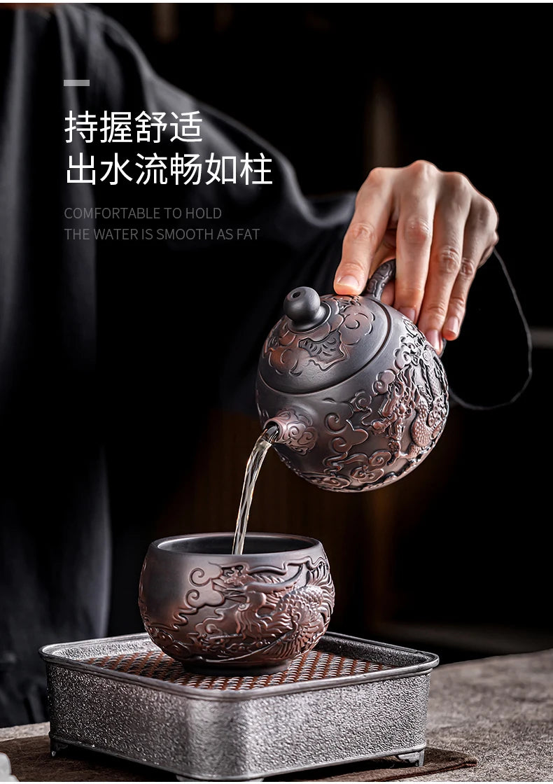 Suitable for collectionPurple Pottery Teapot Handmade Pile Carving Xianglong Pot Kung Fu Tea Set Purple Clay Pot Handmade
