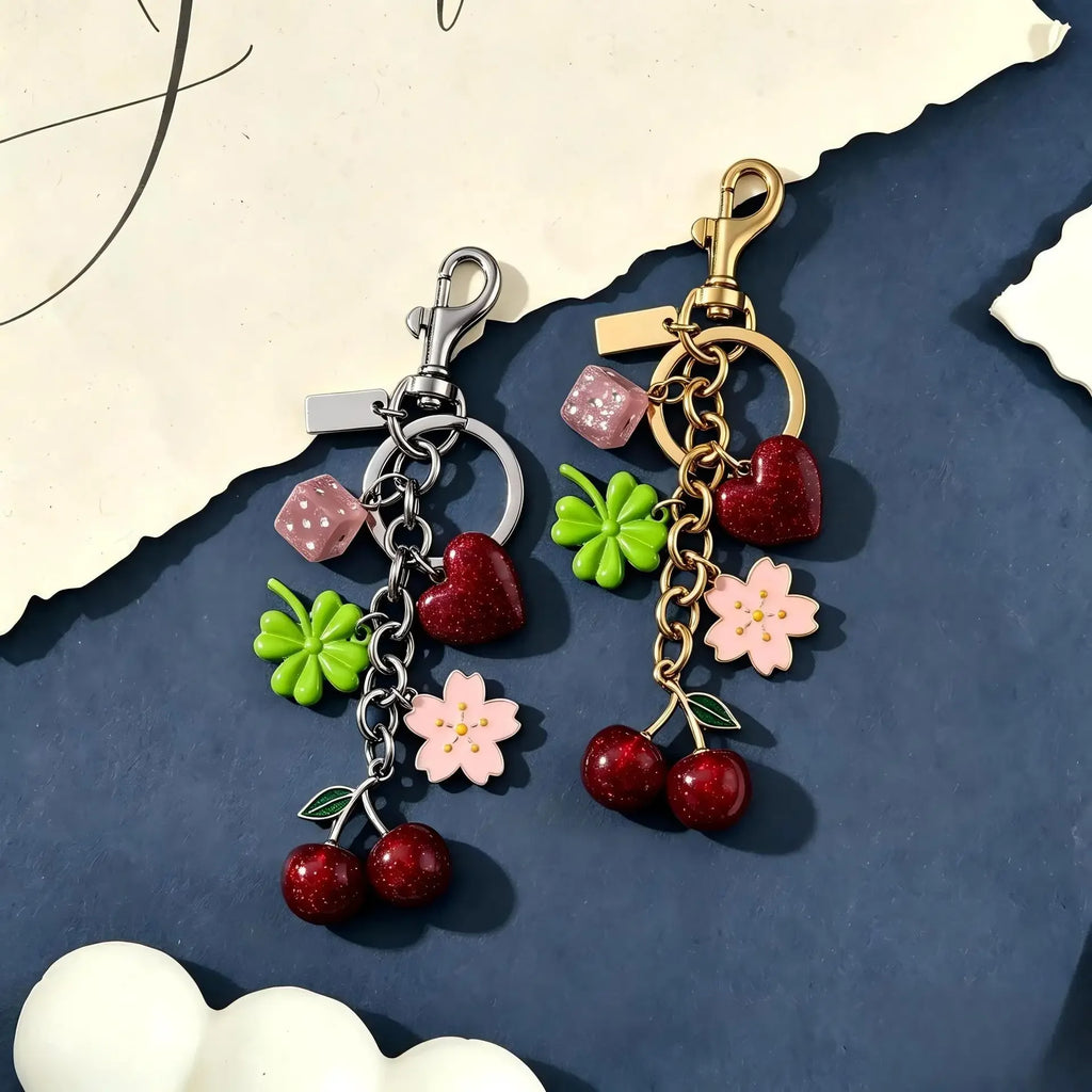 Cherry Bag Charm Gold Tone Multi Charm Sparkly Keychain Purse Accessory For Women Girls Handbags Backpacks Birthday Gifts Cute