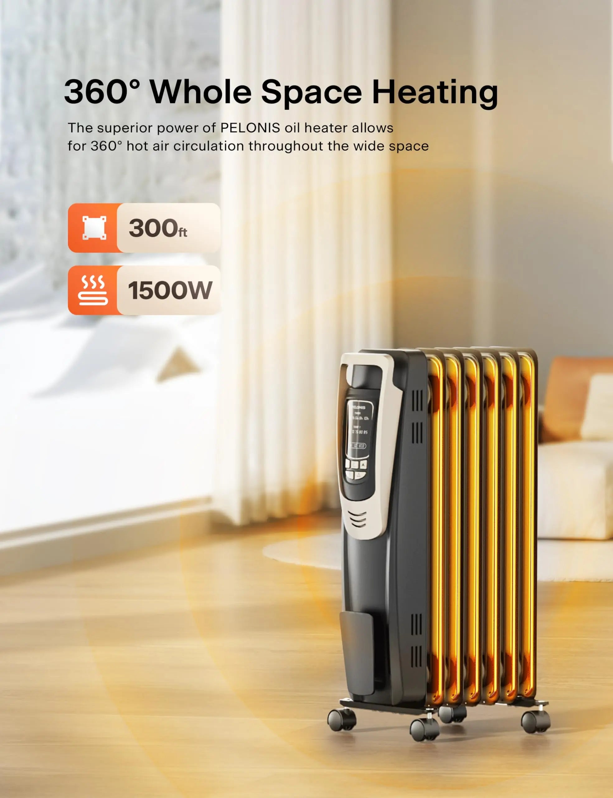 Energy Efficient Radiator Heater, 5 Settings Remote Control Champagne Indoor