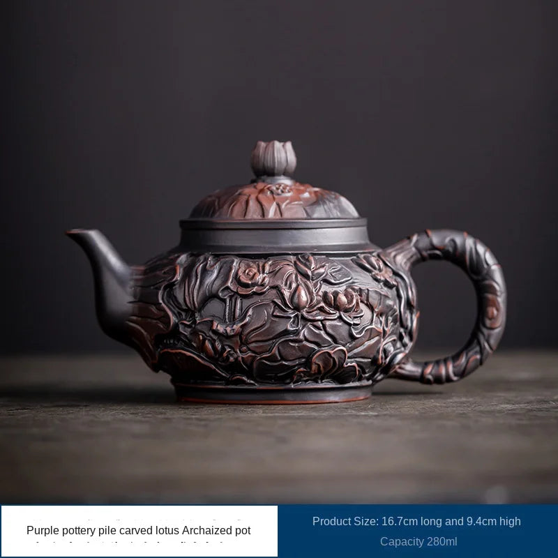 Suitable for collectionPurple Pottery Teapot Handmade Pile Carving Xianglong Pot Kung Fu Tea Set Purple Clay Pot Handmade