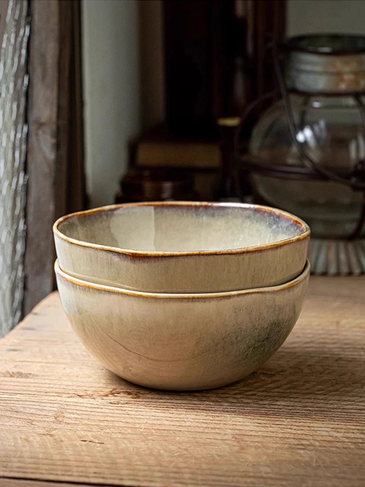 YWDL 500ml Vintage Ceramic Salad Bowl Heat-resistant Rice Soup Bowl Irregular Edges Kitchen Noodle Bowl Microwave Safe 5.5inch