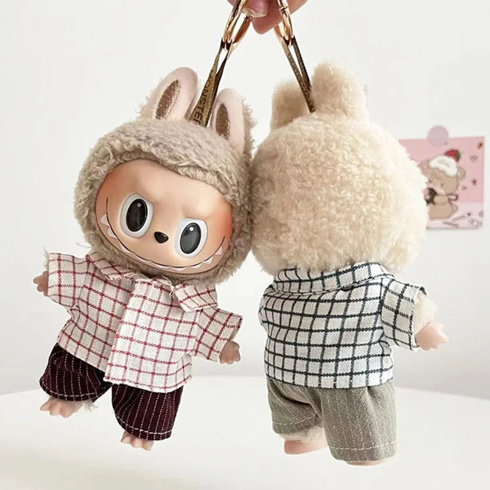 For 17cm Labubu Doll Little Bailey Hat Checkered Overalls Set Labubu Outfit Accessories Labubu Ropa