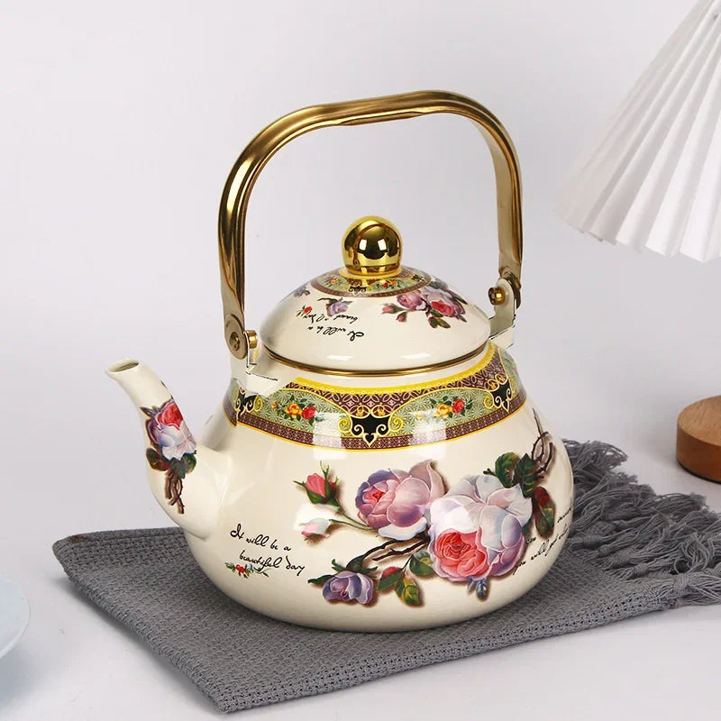 1.5L Vintage Enamelware Kettle Classic Enamel Teapot with Golden Handle for Stovetop Use Kitchen Decor Gift for Tea Lovers