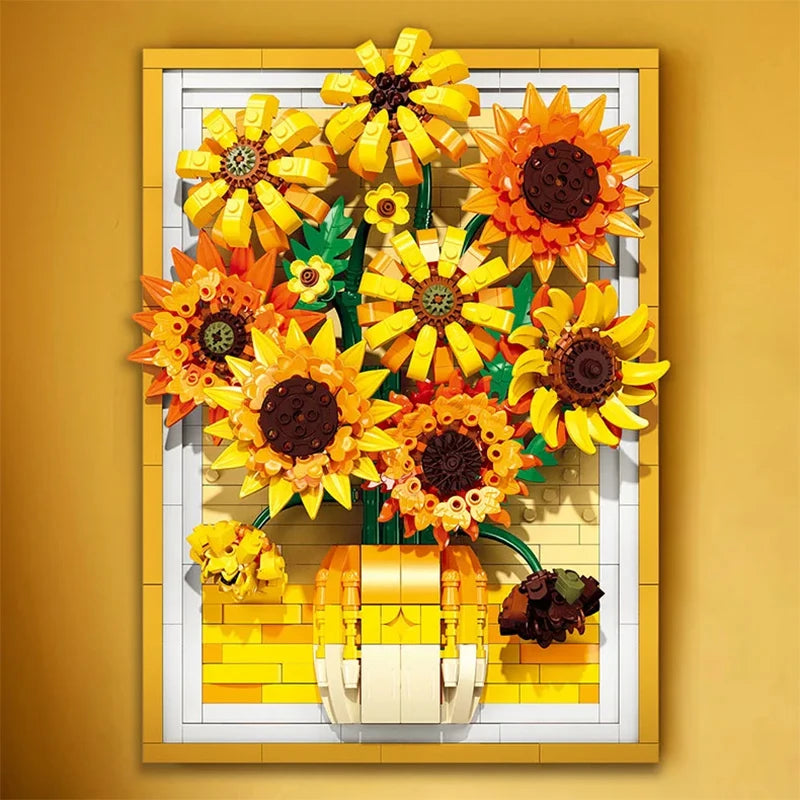 Creative Van Gogh Sunflowers Bouquet Painting Building Blocks Flower Potted Plant  Decoration Assemble Bricks Toy For Gift Adult