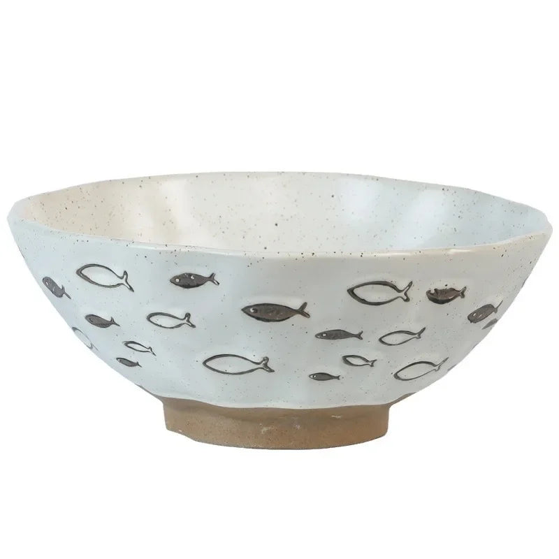 coarse pottery bowl, retro ceramic tableware, underglaze colored noodle bowl, lace soup bowl, household hat  commercial ramen