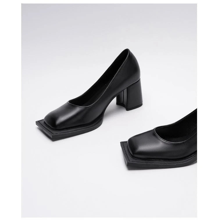 Retro Black Thick Heel Pumps Women Fashion Square Toe Shallow Designer Shoes Elegant Cozy Commuter Office Shoes Zapatos De Mujer