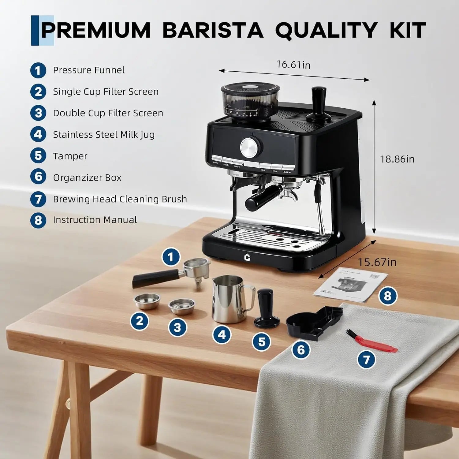 20 Bar Espresso Machine With Grinder Milk Frother 1.5L Coffee Maker 30 Grind Settings Automatic Steam Wand Home Barista