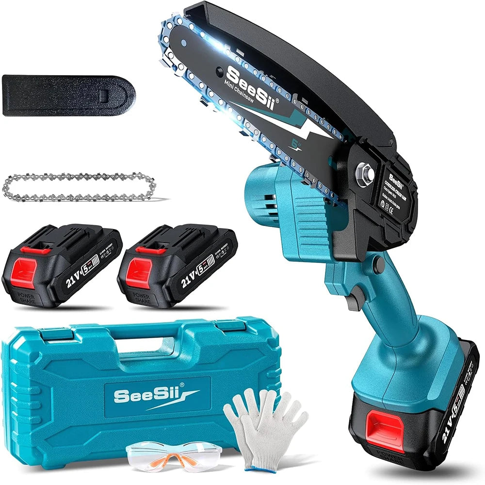 Seesii Mini Chainsaw Cordless 6-inch Handheld Electric Power Chain Saw for Garden Tools Tree Trimming Wood Cutting Best Gifts