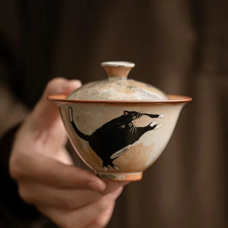 130ml Vintage Cute Zhi Ye Cat Porcelain Gaiwan Set For Tea Tureen Teaware Cup Chinese Hand-Paint Bowls Chawan Tea Ceremony Set