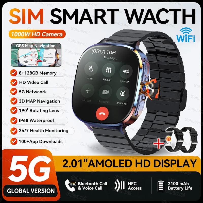 5G/4G Globally Universal SIM Smart Watch AMOLED Screen 190 ° Rotating Camera Video Call GPS 8+128GB Memory Smart Watch