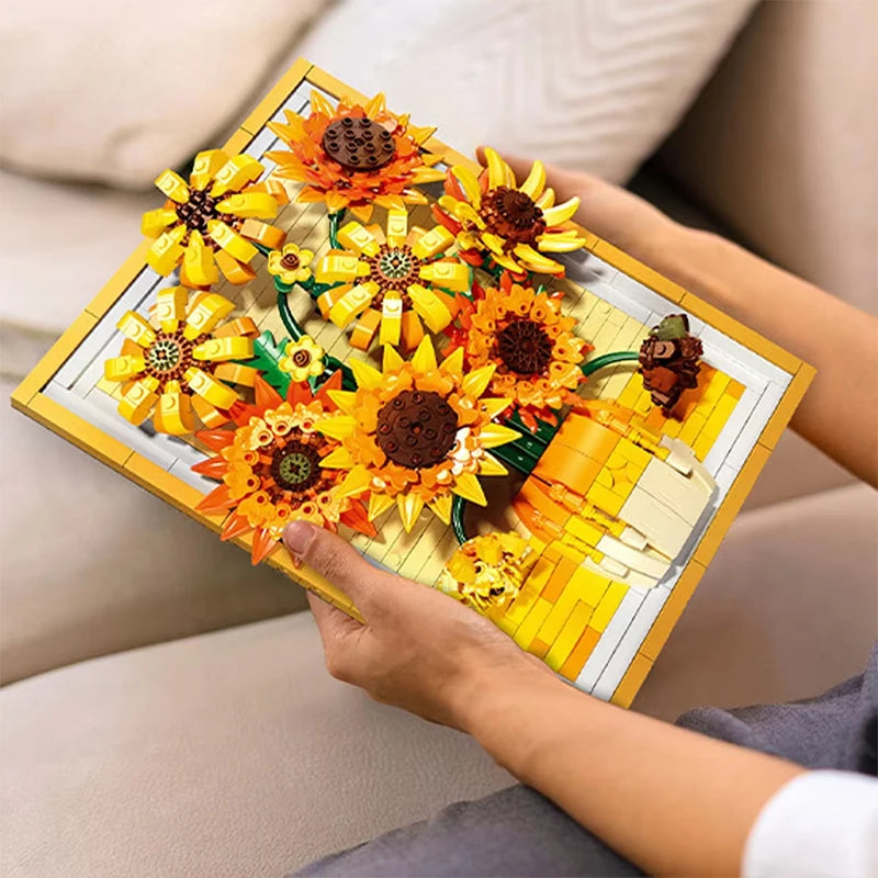 Creative Van Gogh Sunflowers Bouquet Painting Building Blocks Flower Potted Plant  Decoration Assemble Bricks Toy For Gift Adult