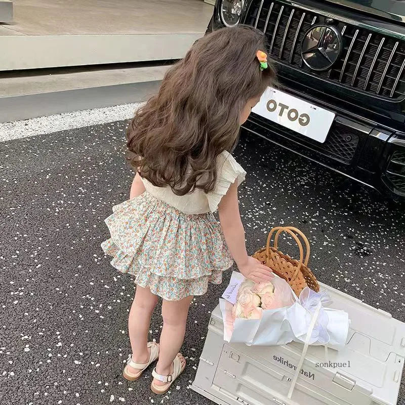Girls' Suit Summer 2025 New Children's Summer Dress Baby Girl Fashionable Children's Top+Skirt Two-Piece Set