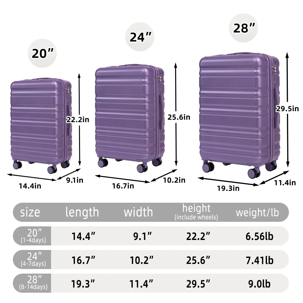 Purple 3 Piece ABS Luggage Set 20/24/28 Inch Spinner Wheels Carry on Suitcase Matching Color Combination Lock