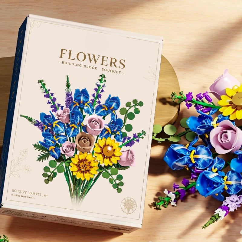 866pcs Botanical Flower Bouquet Set, Blue Iris Rose Plant Building Blocks, 3D Creative Desktop Decoration, Valentine Gift