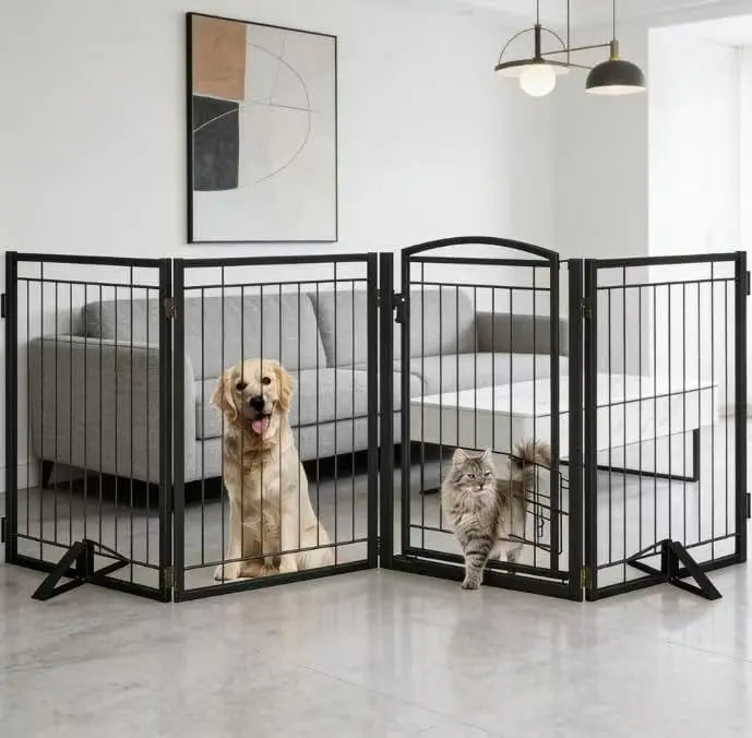 32" Tall Foldable Dog Gate with Cat Door, 80" Wide Freestanding Pet Fence for Indoor Outdoor Use, Stairs Deck Yard