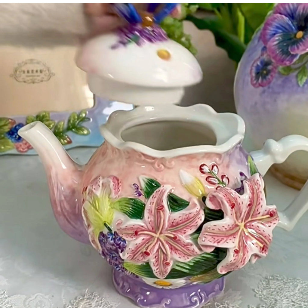 European Style Ceramic Coffee Pot, Hand-painted Butterfly Orchid Teapot, Tea Cup Set, Exquisite Creative Gift, Cafe Accessories