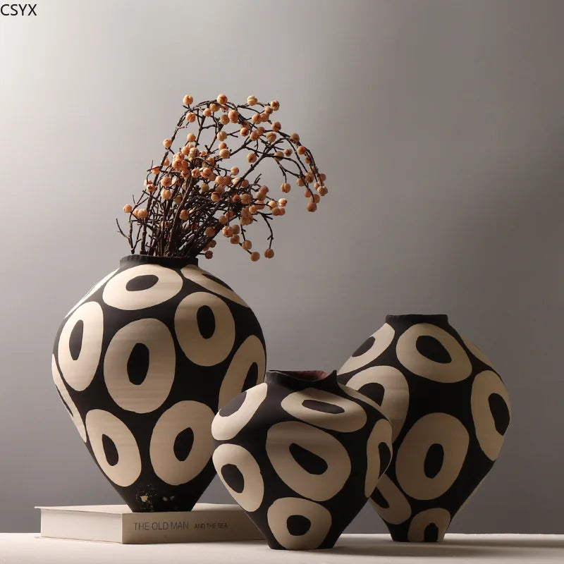 Ceramic Vase Hand-drawn Geometric Circles Flower Vase Flower Arrangement Accessories Porcelain Pot Home Decoration