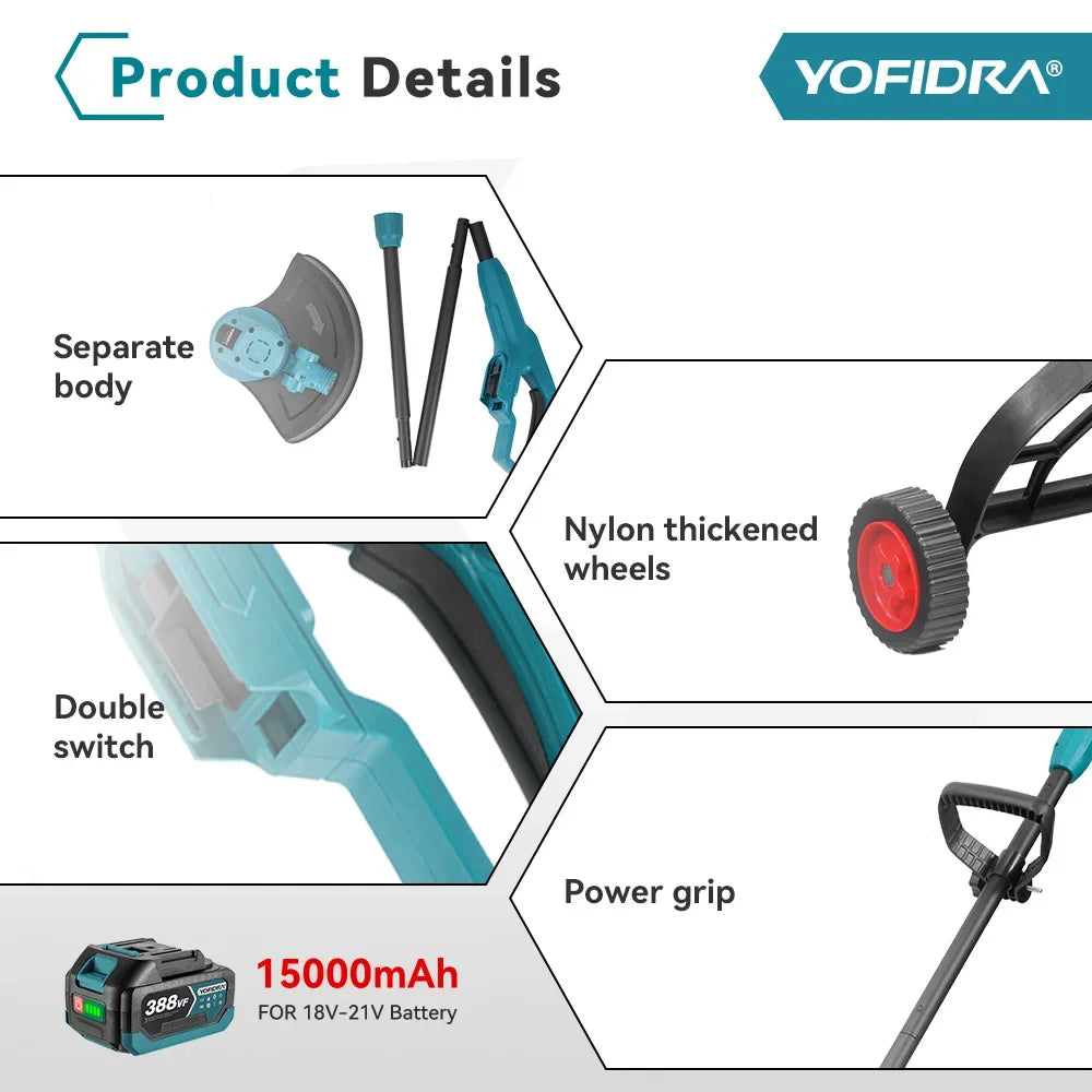 YOFIDRA 10Inch 6000W Brushless Electric Lawn Mower 58000RPM Garden Foldable Grass Trimmer Garden Tool For Makita 18V Battery Pin