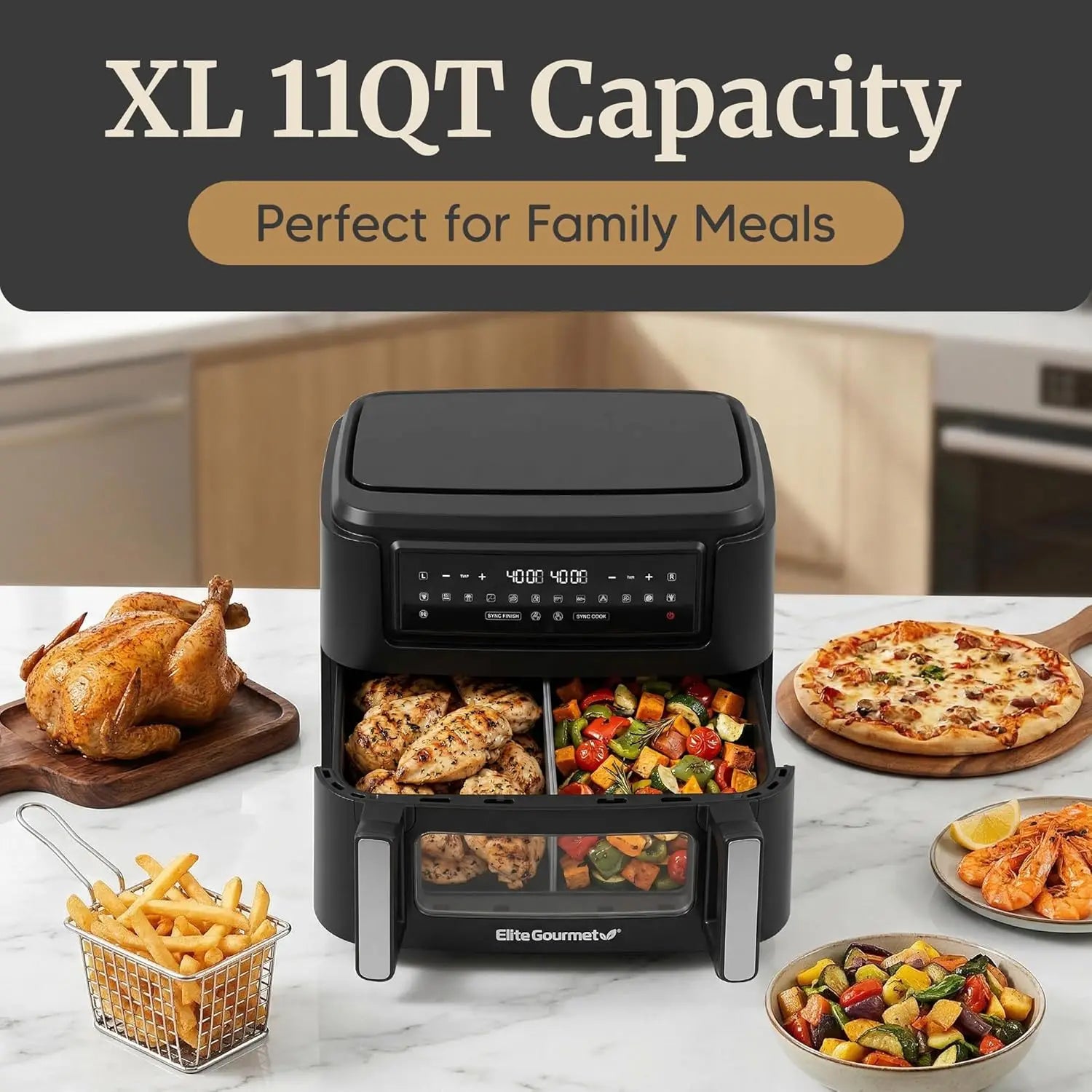 Dual Zone Air Fryer Oven 11QT, Sync Finish & Cook, PFAS Free Nonstick, 10 Presets for Air Fry Bake Roast Broil Toast Dehydrate